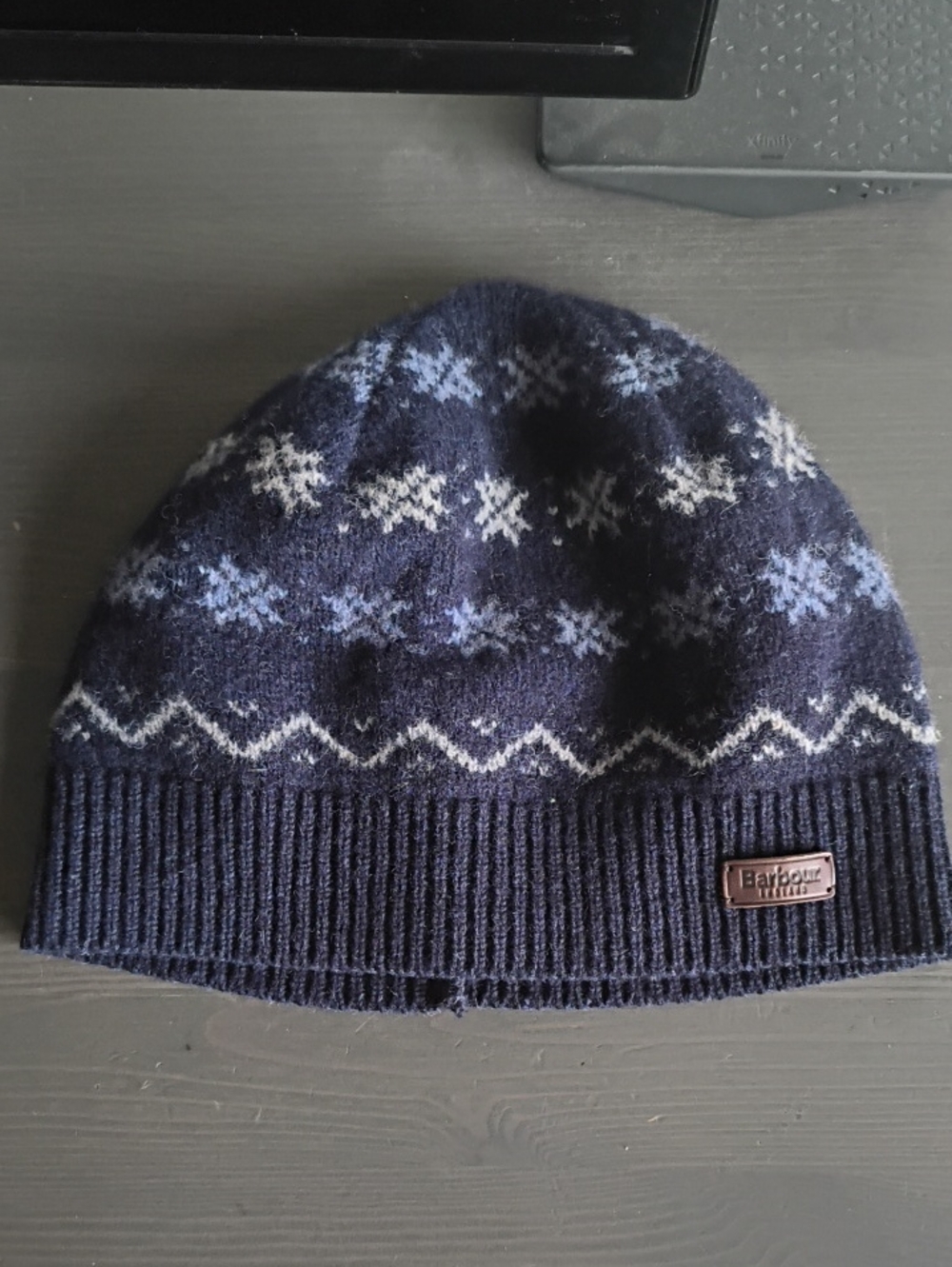 Barbour Navy and White Fair Isle Knit Beanie